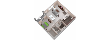 A 3D image of a house layout with a kitchen, living room, and two bedrooms.