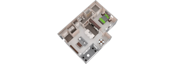 A 3D image of a house layout with a living room, kitchen, and two bedrooms.