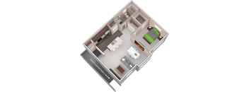 A 3D floor plan of a house with a kitchen, living room, and two bedrooms.