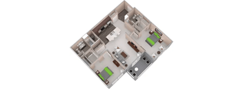 A 3D image of a house layout with a kitchen, living room, and two bathrooms.