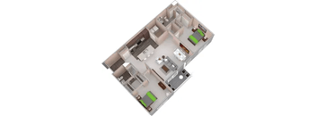A 3D image of a house layout with a kitchen, living room, and two bedrooms.