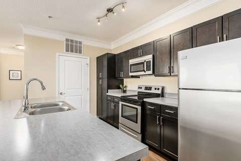 A kitchen with black cabinets and stainless steel appliances.