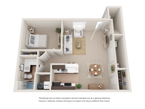 A floor plan of a small apartment with a kitchen, living room, and bathroom.