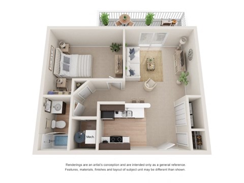 A white floor plan of a house with a kitchen, living room, and bedrooms.