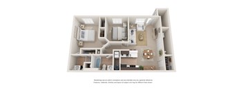 A 3D rendered image of a house layout.
