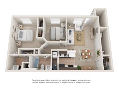 A 3D rendered image of a house layout.