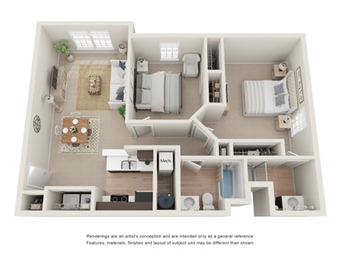 A 3D floor plan of a small apartment with a kitchen, living room, and two bedrooms.