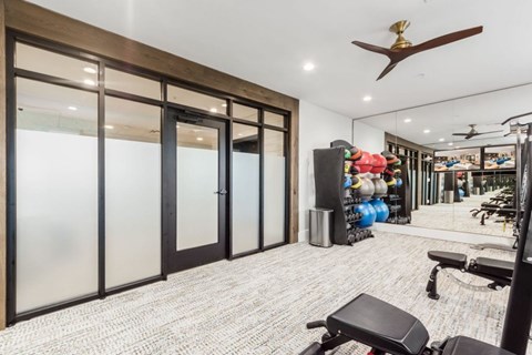 A gym with a bench, weights, and a fan.