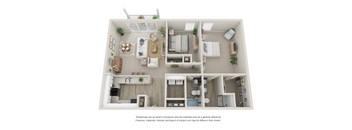 A 3D rendered image of a house with a kitchen, living room, and bathroom.