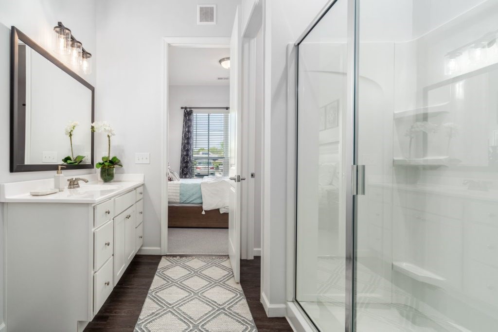 A bathroom with a white vanity and a glass shower door.