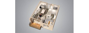A 3D rendered image of a house layout.