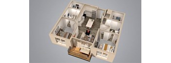 A 3D rendered image of a house layout.