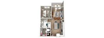 A floor plan of a small apartment with a kitchen, living room, and bathroom.
