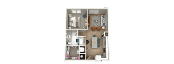 A floor plan of a small apartment with a kitchen, living room, and bathroom.