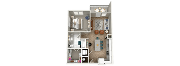 A top-down view of a house layout with a kitchen, living room, and bathrooms.