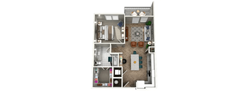 A floor plan of a small apartment with a kitchen, living room, and bathroom.