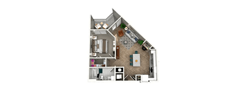 A floor plan of a house with a living room, kitchen, and dining area.