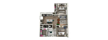 A detailed 3D floor plan of a small apartment.