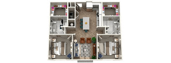A top-down view of a house layout with a central living area and surrounding rooms.