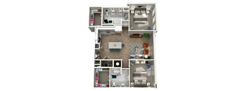 A detailed 3D floor plan of a small apartment.