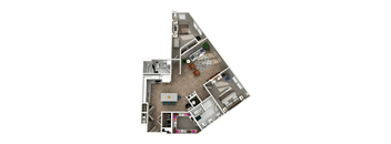 A floor plan of a house with a kitchen, living room, dining room, and two bedrooms.