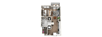 A floor plan of a small apartment with a kitchen, living room, and bathroom.