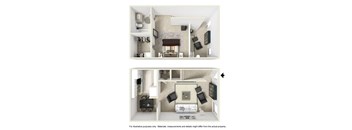 A top and bottom view of a small apartment with a kitchen, living room, and bathroom.