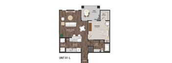 A floor plan of a unit labeled A1-L shows a living and dining area, kitchen, bathroom, and bedroom.