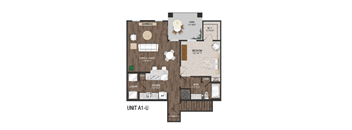 A floor plan of a unit labeled A1-U shows a kitchen, living room, and bathroom.