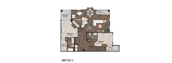 A floor plan of a unit labeled B2-U shows a living area, two bedrooms, a balcony, and a partial view of a kitchen.