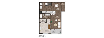 A floor plan of a unit labeled A2-L shows the layout of a kitchen, living room, dining room, bathroom, and bedroom.