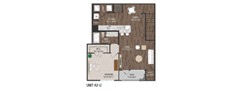 A floor plan of a unit A2-U showing a kitchen, dining area, living room, bathroom, and bedroom.