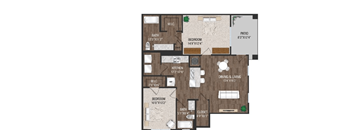 A floor plan of a house with a kitchen, two bedrooms, a bathroom, a patio, and a dining and living area.