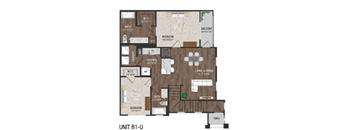 A floor plan of a unit B1-U showing the layout of the bedrooms, bathrooms, kitchen, living room, dining room, and garage.