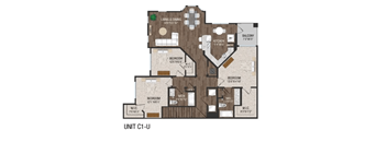A floor plan of a unit with a living and dining area, kitchen, and four bedrooms.