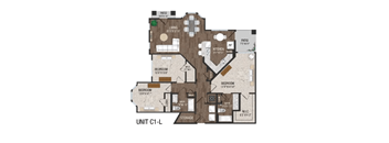 A floor plan of a unit with a living room, two bedrooms, a patio, and a storage area.