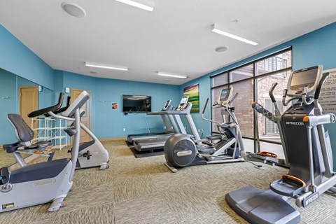 Peregrine Place - Gym with treadmills, elliptical machines, and other exercise equipment.