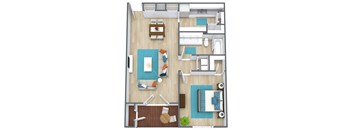 A top-down view of a house layout with a living room, dining area, kitchen, and bathrooms.
