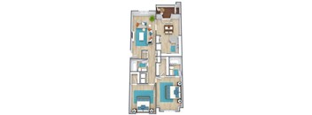A floor plan of a house with a living room, kitchen, and two bedrooms.