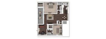 A top-down view of a house layout with a kitchen, living room, and bedrooms.
