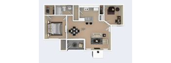 A floor plan of a house with a kitchen, living room, and bathroom.