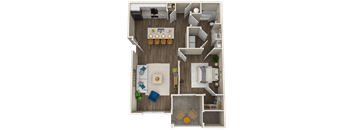 A top-down view of a living room with a couch, coffee table, and kitchen area.