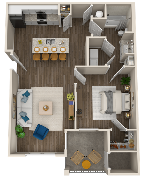 A top-down view of a living room with a couch, coffee table, and kitchen area.
