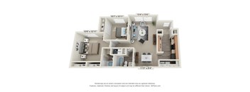 A 3D floor plan of a house with a kitchen, living room, and bathroom.