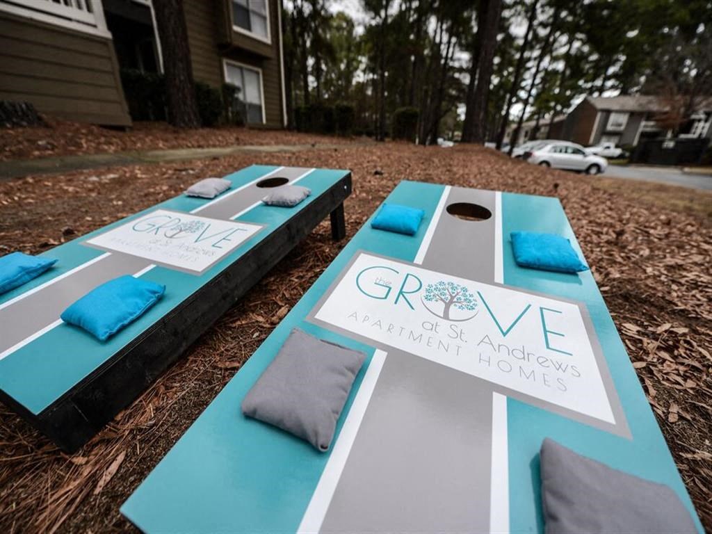 The Grove Outdoor at St. Andrews branded cornhole boards, Columbia, SC