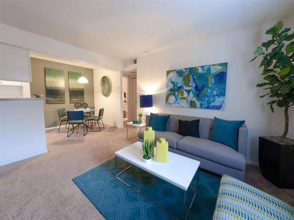 Living space with a plush rug and furniture at the Grove at St. Andrews, Columbia, SC