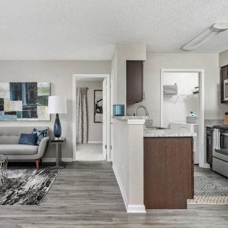 a living room with a kitchen and a couch