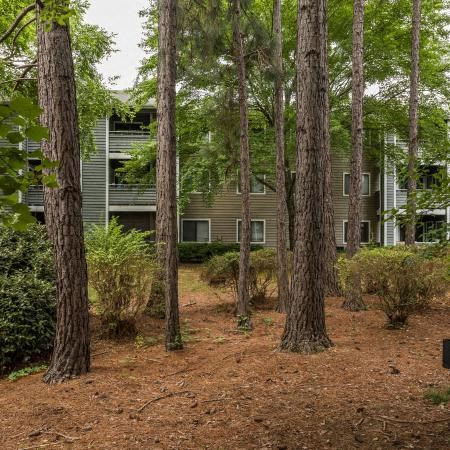 a yard with trees in front of an apartment building