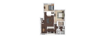 A 3D floor plan of a small apartment with a kitchen, living room, and bedroom.