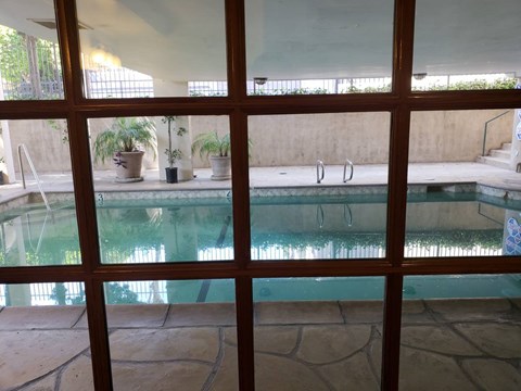 A pool seen through a window with a chair and potted plants.
